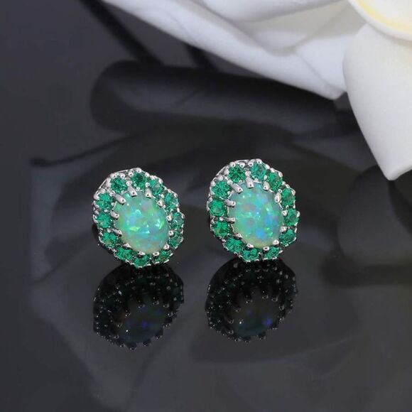 14K White Gold with Green Fire Opal and Green Quartz Oval Post Stud Earrings - Picture 2 of 5